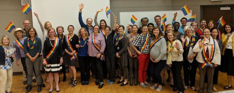 Health care providers lined up and smiling while holding rainbow flags