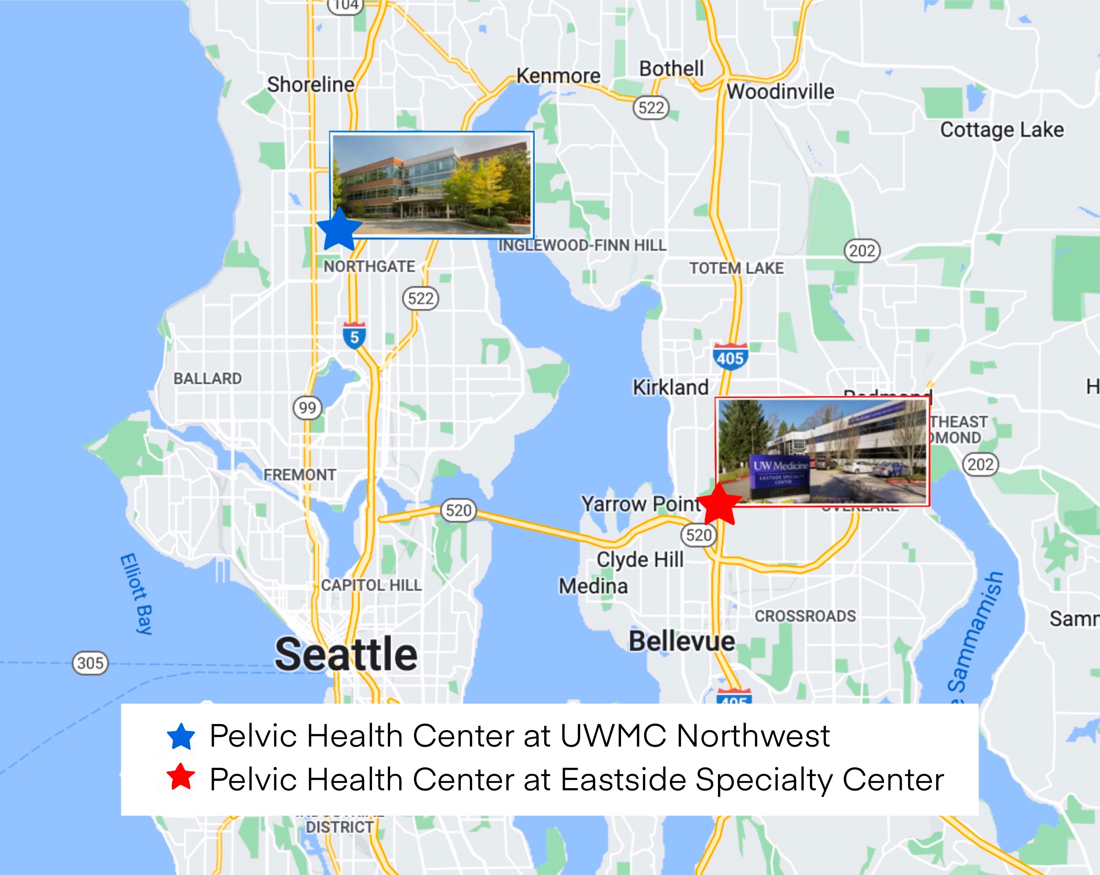 Map reflecting Pelvic Health locations at UWMC Northwest and Eastside Specialty Center